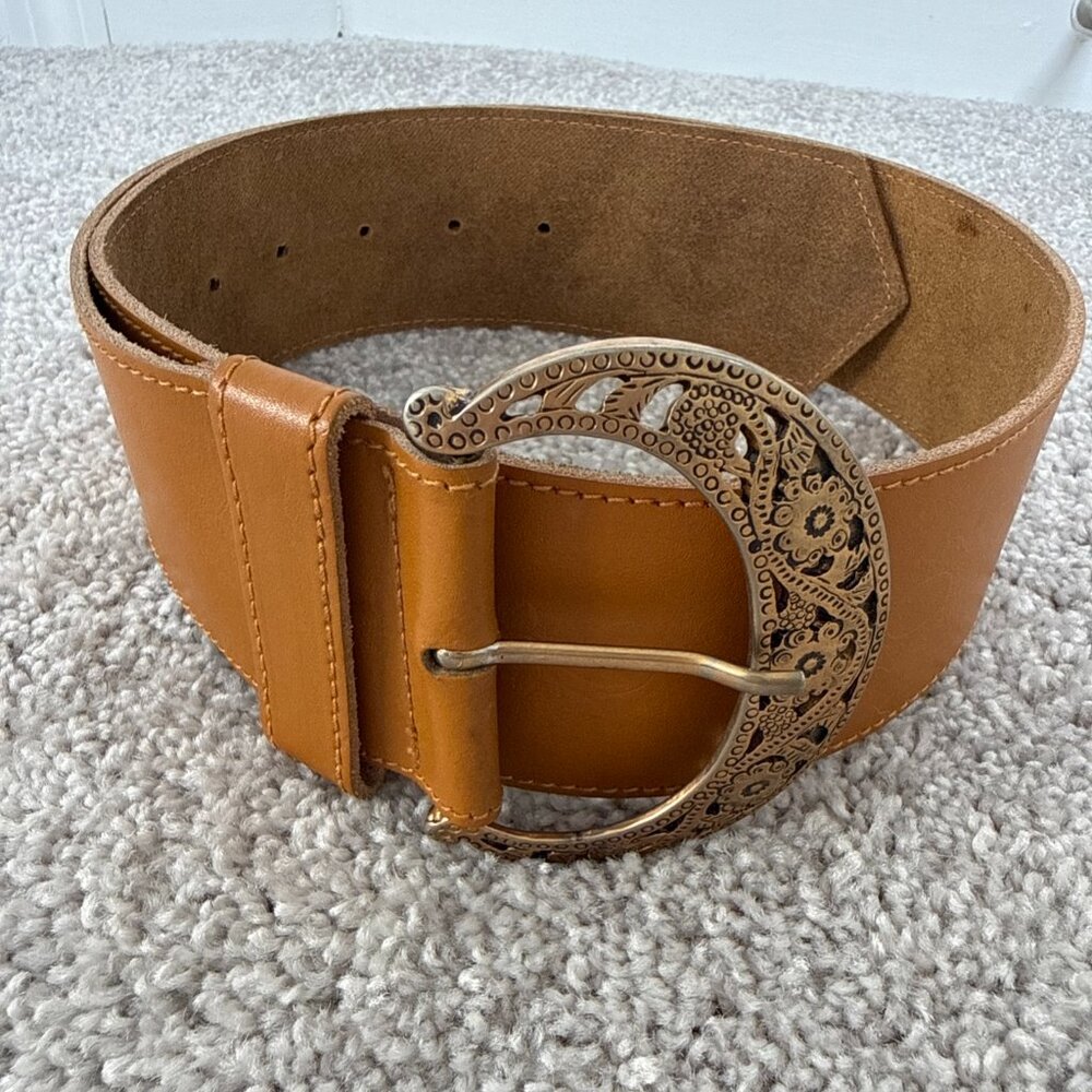 Axcess Genuine Leather Belt Camel Gold/Brass Buckle Pattern Size M Made in Italy